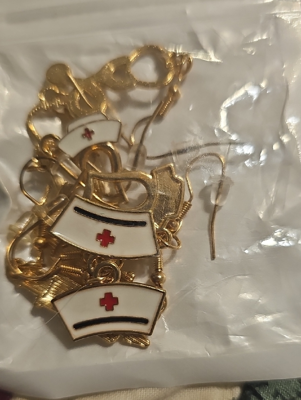 Nurse Hat Dangle Earrings – White and Gold Medical-Themed Jewelry